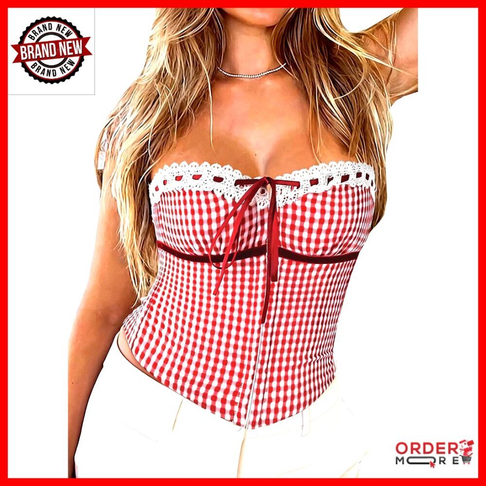 Lace Up Corset Top Plaid Tube Shapewear Overbust Bustier Crop Y2K Chic